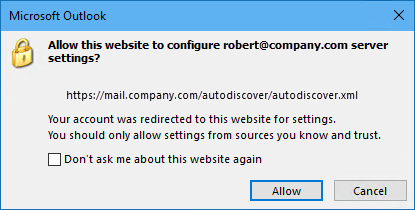 Autodiscover Popup Outlook 2016